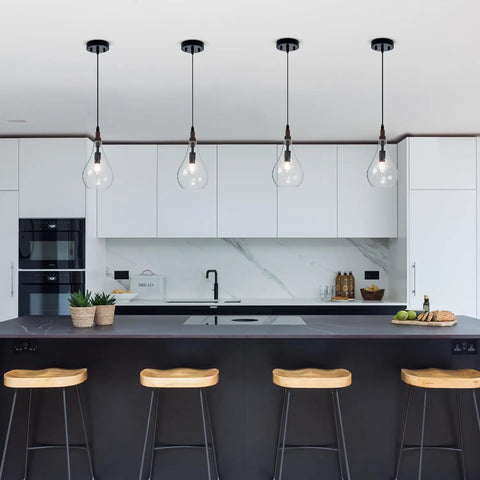 Cozy Farmhouse Seeded Glass Pendant Light With Wooden Teardrop Socket above modern kitchen island