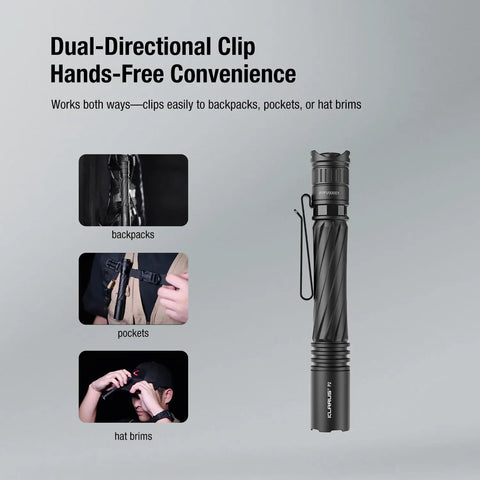 P2 Tactical Pen Light With 1000 Lumens, 886ft Throw, USB-C Rechargeable Or 2AA Compatible showing dual-directional clip use