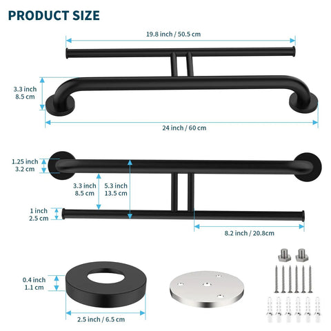 No Sweat Matte Black Grab Bar With Double Toilet Paper Roll Holder Combo dimensions showing 24 inch length and 19.8 inch width.