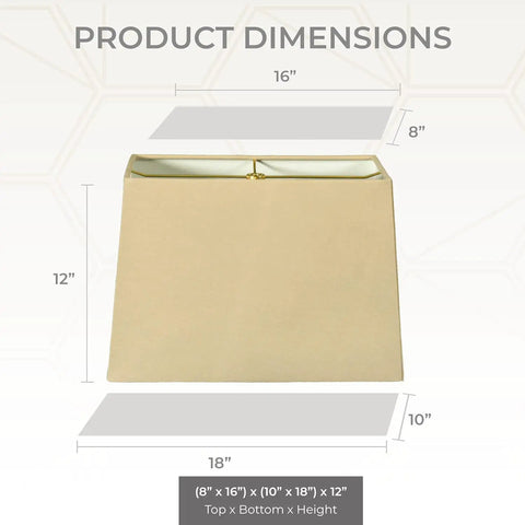 Rectangle Hardback Lamp Shade in Linen Beige Fabric with Off White Styrene Lining Top 8 by 16 Inches Bottom 10 by 18 Inches 12 Inch Slant Height A Go To Neutral Vibe For Table Lamps And Home Decor showing dimensions.