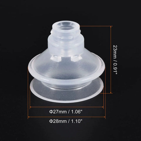 Clear Silicone Vacuum Sucker Cup Pad With Gasket For Industrial Use 4mm ID 27mm OD shown with precise dimensions.
