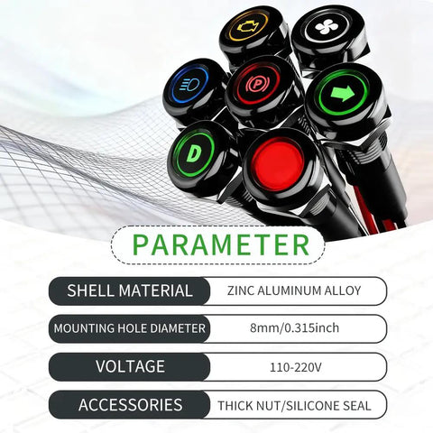 Two Pack 8mm LED Indicator Light 12V-24V IP67 Green Signal Lamp With 180 Interchangeable Symbols High Brightness Night Visibility Waterproof DIY Indicator Kit For Cars Boats And Panels, 8mm zinc alloy