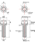 Technical diagram of rainbow titanium bike stem bolts, showcasing dimensions and specifications for M5x18mm bolts with washers.