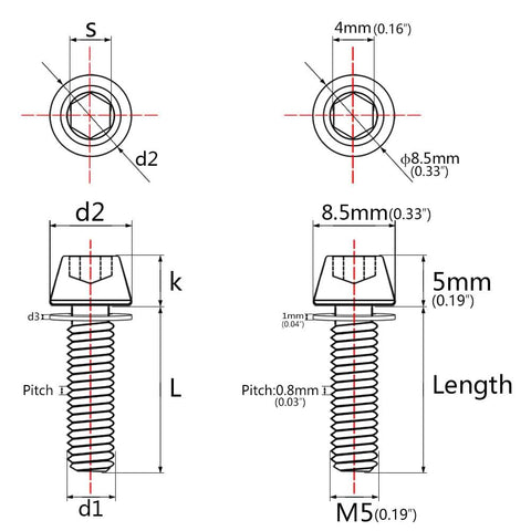 Technical diagram of rainbow titanium bike stem bolts, showcasing dimensions and specifications for M5x18mm bolts with washers.