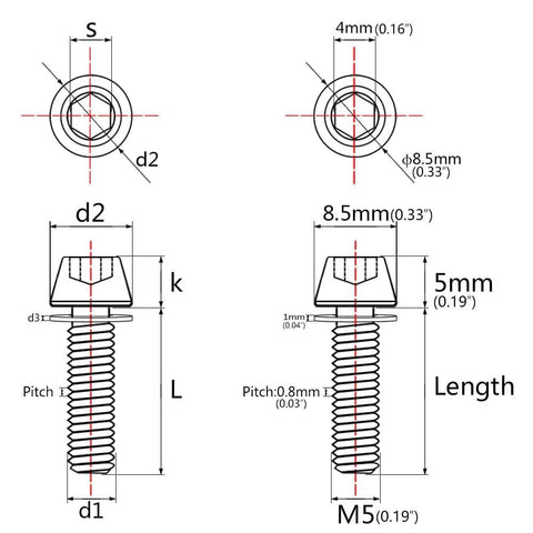 Technical drawing of Lightweight Titanium M5x20mm Hex Bolts With Washer for Bicycle Stem, including dimensions, Grade 5 6AL4V Titanium Alloy.