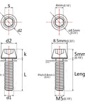 Technical drawing of Rainbow Titanium Alloy M5x16mm 18mm Tapered Head Allen Hex Bolt with dimensions for bike stem.