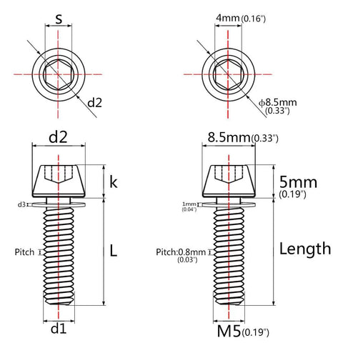 Badass Grade 5 Titanium Stem Bolts With Integrated Washers M5X18MM Black Hex Socket Hardware dimensions illustration