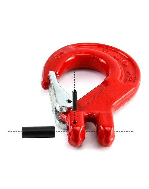 2 Pack Grade 80 Drop Forged Alloy Steel Clevis Sling Hooks With Latch 3/8 Inch Safety Chain Swivel Connectors 6944 Lbs. Close-up view.