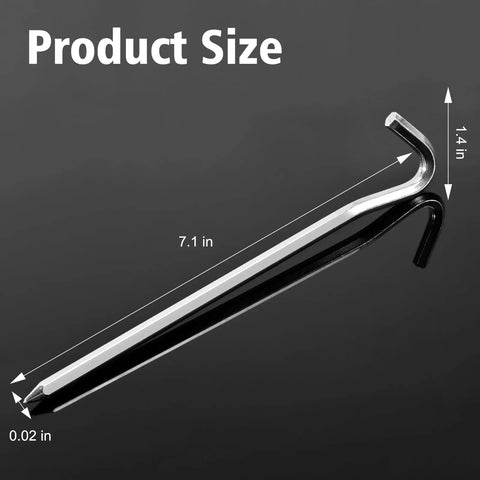 Heavy Duty Aluminum Tent Stakes 20 Pack 7 Inch Ground Stakes with Hooks showing 7.1 inch size and curved end for camping use