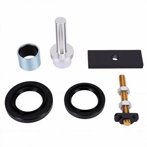 Solid Steel Cv Axle Bearing Puller Seal Kit Fits Years Two Zero Five Through Two Zero Eighteen With Eight Inch Clamshell For Removal Of Stubborn Bits Keeping Your Ride Safe During Routine Chores Work Done By You In Your Garage Avoiding Shop Bills. automotive bearing puller kit parts laid out on white background