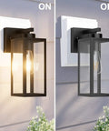 Two Pack Black Outdoor Wall Lanterns With Clear Glass Shade For Entryway Porch And Doorway Exterior Wall Sconces E26 Bulbs Included 2700K Dimmable With Compatible Dimmer, shown on and off.