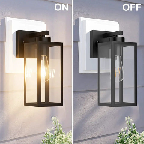 Two Pack Black Outdoor Wall Lanterns With Clear Glass Shade For Entryway Porch And Doorway Exterior Wall Sconces E26 Bulbs Included 2700K Dimmable With Compatible Dimmer, shown on and off.