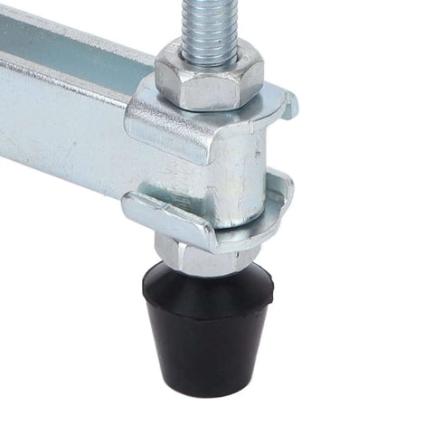 Close-up of Beefy Heavy Duty Toggle Clamp With 227kg Clamping Power, iron body and plastic handle, vertical push pull design.