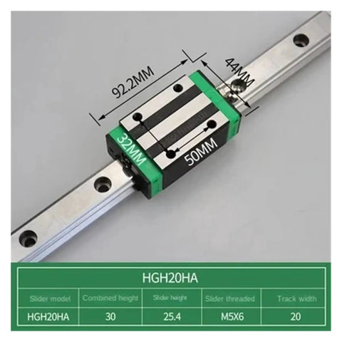Level Up Your Shop With This Heavy Duty HGR20 Square Linear Guide Rail And HGH20HA Slider Block Combo Slide showing size specs and details.