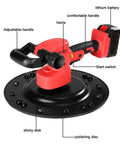 Job Site Ready Electric Drywall Sander With Six Adjustable Speeds showing adjustable handle, lithium battery, polishing disc, and vents.