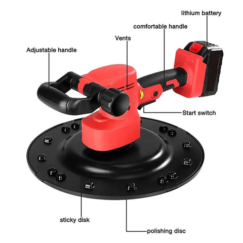 Job Site Ready Electric Drywall Sander With Six Adjustable Speeds showing adjustable handle, lithium battery, polishing disc, and vents.