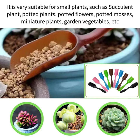 Mini plastic garden shovel scooping soil; Ten Pack Mini Plastic Garden Shovels for Easy Soil Digging and Transplanting, Perfect for Succulents
