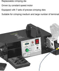 Top Shelf Electric Crimping Pliers With Integrated Wire Stripper And Cutter 90 Watt Terminal Press Tool showing controls and crimping dies.