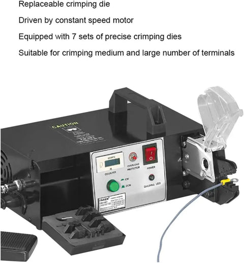Top Shelf Electric Crimping Pliers With Integrated Wire Stripper And Cutter 90 Watt Terminal Press Tool showing controls and crimping dies.