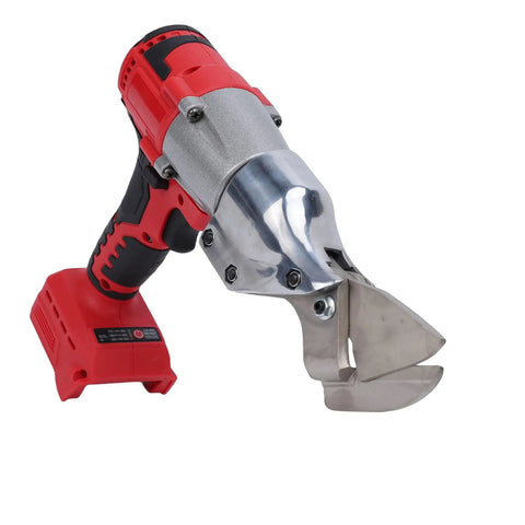 ZJchao Electric Cordless Metal Shears With Rotating Head Variable Speed Design For Stainless Steel And Iron Professional Grade Alloy Blades Cuts Leather Carpet Cardboard Effortlessly High Power Hand Tool close-up view of handheld cordless metal shears with silver blade and red handle