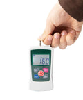 Hand holding Digital Force Gauge 500N with four units N Lb Kg Oz, three modes, 0.1N 0.01kg 0.1lb 1oz resolution, portable use.