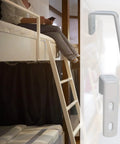 Top Shelf Heavy Duty Four Piece Bunk And Loft Bed Ladder Brackets Rust Resistant PVC Coated Stainless Steel angular support hooks on a ladder.