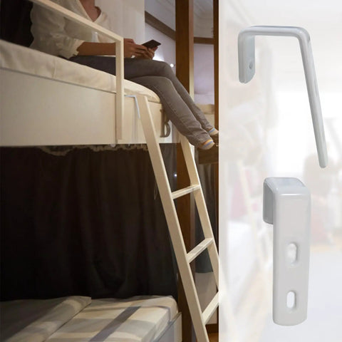 Top Shelf Heavy Duty Four Piece Bunk And Loft Bed Ladder Brackets Rust Resistant PVC Coated Stainless Steel angular support hooks on a ladder.