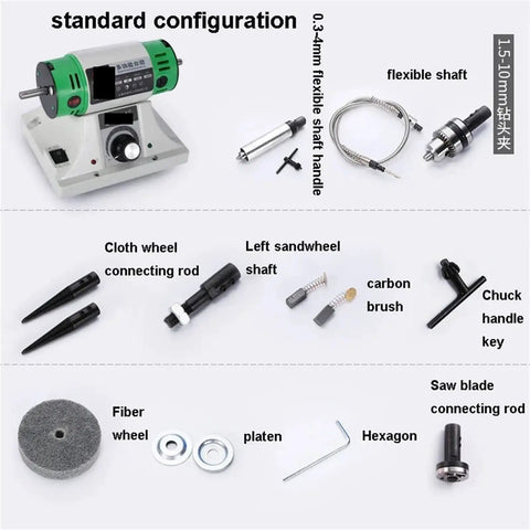 AOXHUGB Lapidary Machine Jade Jewelry Bench Lathe Grinding Tool components image including flexible shaft and polishing tools.