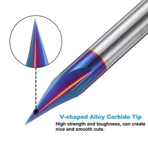 V-shaped alloy carbide engraving router bit with rainbow-coated tip and metal shank for CNC carving