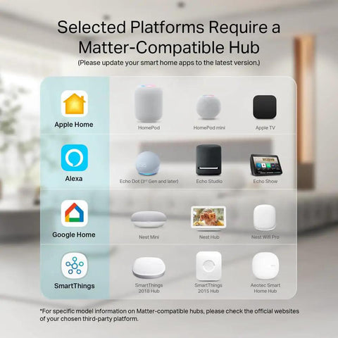 Image of Matter-compatible smart home hubs including Apple Home, Alexa, Google Home for Slick Smart Power Strip.