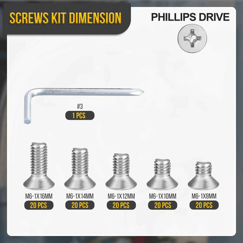 Rock Solid 100 Piece M6 Flat Head Phillips Screw Bolt Assortment With Allen Key Tool Silver 304 Stainless Steel Hardware Kit, sizes 8-16mm