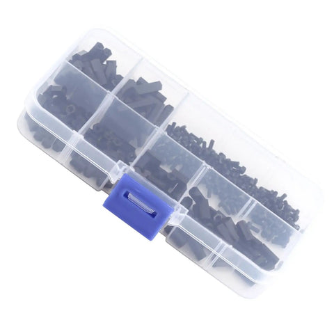 Rock Solid Nylon Hex Standoff Kit Featuring 250 Pieces Of M2 And M3 PCB Spacers in clear organizer box.