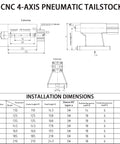 CNC 4 Axis Pneumatic Tailstock dimensions including 50Mm stroke, installation specs, and center height information.