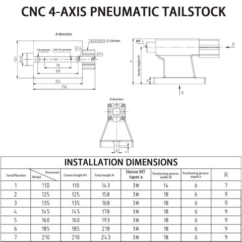 CNC 4 Axis Pneumatic Tailstock dimensions including 50Mm stroke, installation specs, and center height information.