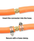 3/8 Inch Hose Repair Kit With Brass Barb Splicer Connectors And 6 Stainless Steel Clamps installed on orange hose