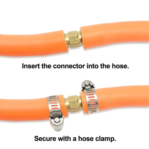 3/8 Inch Hose Repair Kit With Brass Barb Splicer Connectors And 6 Stainless Steel Clamps installed on orange hose