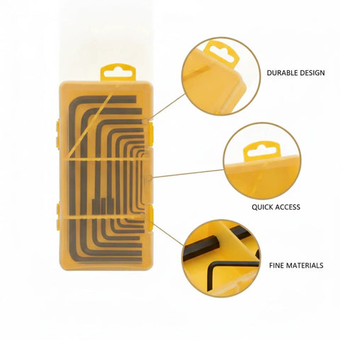 Snag This 9 Piece Hex Key Wrench Set For Quick Furniture Assembly And Gear Repair, Featuring A Tough PVC Case With Secure Lock Buckle To Keep Every Size Tool Safe And Organized For Any DIY Project Or Professional Job Site Hustle. yellow PVC case holding 9 hex keys