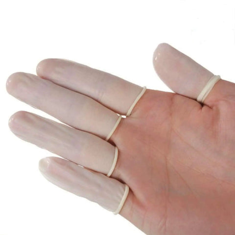 Hand wearing Disposable Latex Finger Cots 222 Pcs Anti Static Protective Fingertips for Electronic Repair, showing non-slip fit