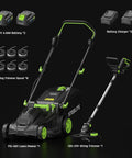 40 Volt 17 Inch Electric Lawn Mower And 12 Inch String Trimmer Combo Kit With Dual 4Ah Batteries And Dual Chargers Brushless Quiet Power For Yards Easy Start Lightweight All In One Yard Care, 17in mower and trimmer kit