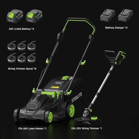 40 Volt 17 Inch Electric Lawn Mower And 12 Inch String Trimmer Combo Kit With Dual 4Ah Batteries And Dual Chargers Brushless Quiet Power For Yards Easy Start Lightweight All In One Yard Care, 17in mower and trimmer kit