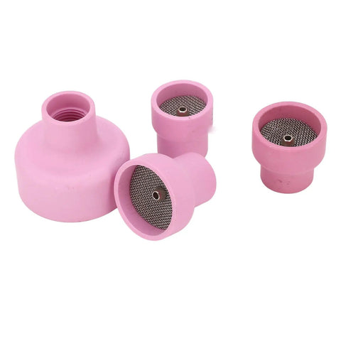 Ceramic Cup Kit Set for Welding Torch, 5 Pcs Alumina Cups with various diameters and 2.4mm center hole, pink color shown.