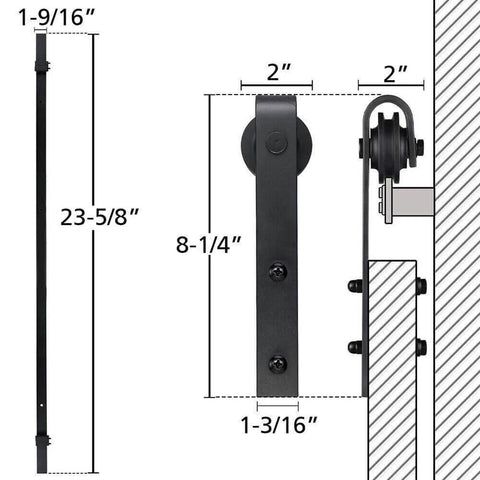 Dimensions and close-up of Heavy Duty Bypass Barn Door Hardware Kit For Cabinets And Closets, Two Foot Track System Built Like A Tank.