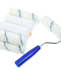 Heavy Duty Paint Roller Covers With Frame For Crisp Wall And Edge Painting Smooth Operator Handle Grip Easy Control Tool For Diy Projects Top Shelf Brush Set Stress Free Finish, with four white rollers and a blue handle.