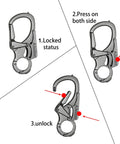 Rugged 3 Inch Carabiner Keychain Clip With Dual Locking Design And Tungsten Steel Spike Multi Tool For Camping Hiking Fishing And Outdoor Survival Gunmetal Finish showing locking process