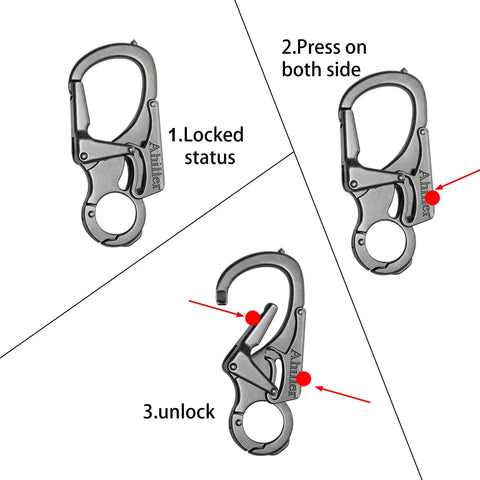 Rugged 3 Inch Carabiner Keychain Clip With Dual Locking Design And Tungsten Steel Spike Multi Tool For Camping Hiking Fishing And Outdoor Survival Gunmetal Finish showing locking process