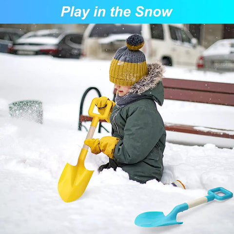 Child using 16 Inch Kids Beach Shovel Set Of 3 Durable Wood Handle ABS Plastic Sand Snow Garden Shovels For Beach Sandbox Backyard Fun