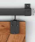 12 Foot Black Exterior Sliding Barn Door Hardware Track Kit Heavy Duty Track Set For Outdoor Walls With Weatherproof Design And Wall Mount Brackets Includes 5 Track Brackets Perfect For Large Barn Doors Or Gates No Doors installed view with wooden door panel