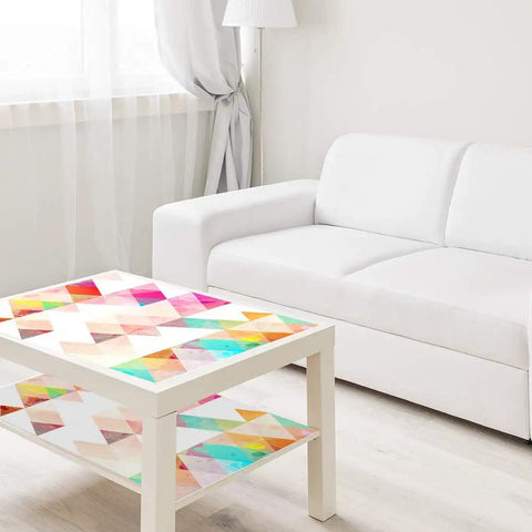 Removable Dope Colorful Geometric Triangle Wall Decals Set on table in stylish living room with white couch