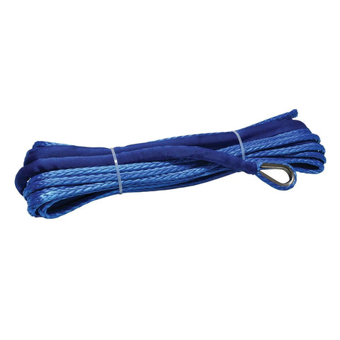 Heavy Duty Synthetic Winch Rope Replacement For S7500 Winches Off Road Ready Recovery Cable, blue rope with metal loop, coiled view.
