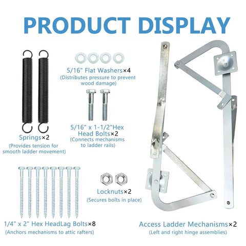 55-2 Attic Ladder Hinge Arms With Springs No Fuss Replacement Kit showing springs, washers, bolts, locknuts, and hinge mechanisms